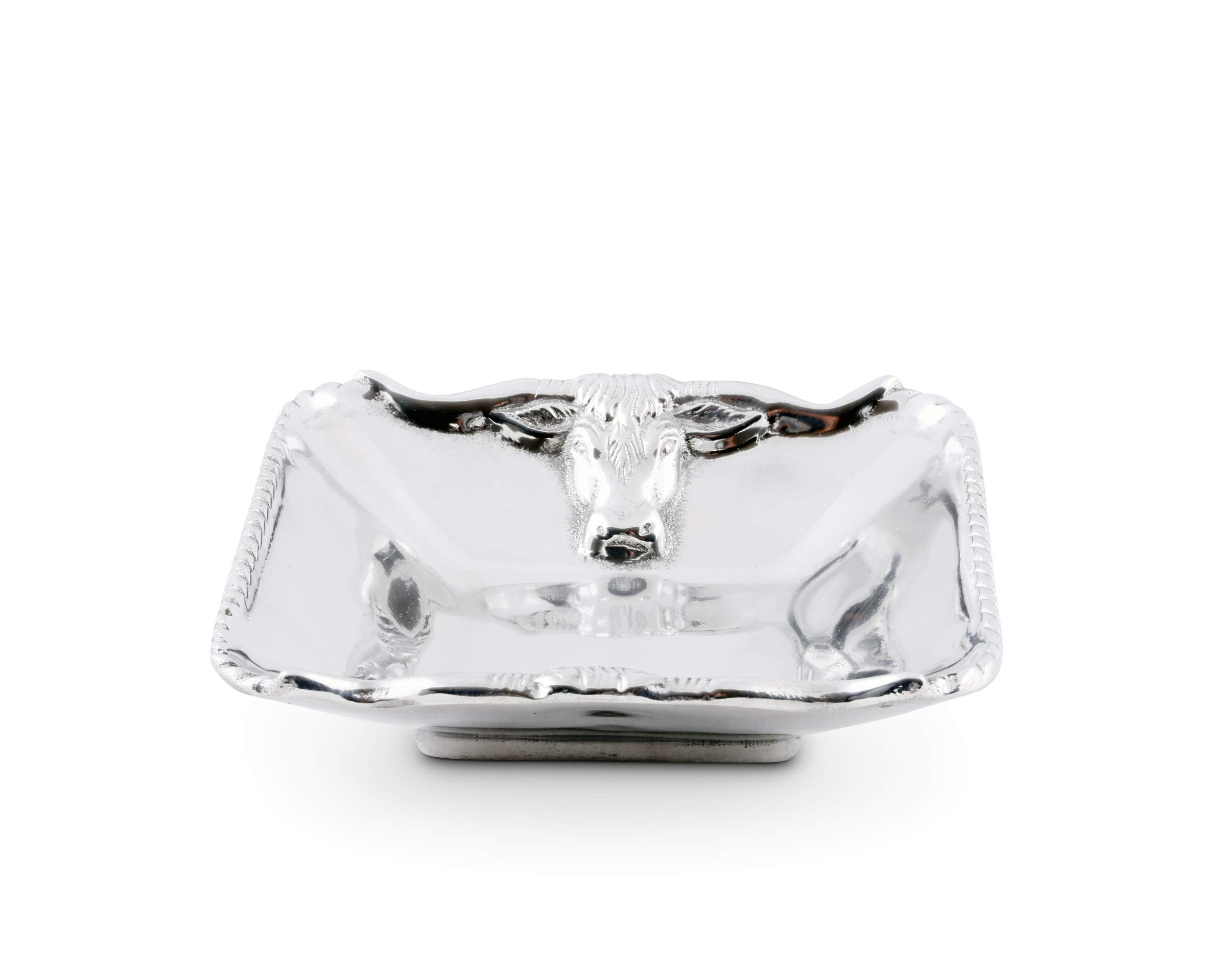 Arthur Court Designs Aluminum Longhorn Steer Texas Horn Nut Candy Sauce Serving Bowl Square 6.5 Inch Diameter